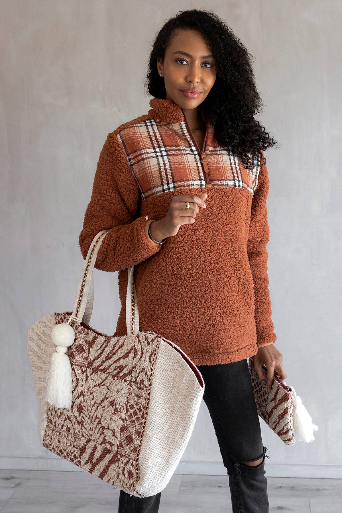 Natalia Two-Tone Cotton Tote Bag | M2155 : Off White/Rust